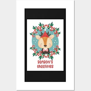 Season’s Greetings, Merry Christmas, greetingcard with a cute little deer in the snow Posters and Art